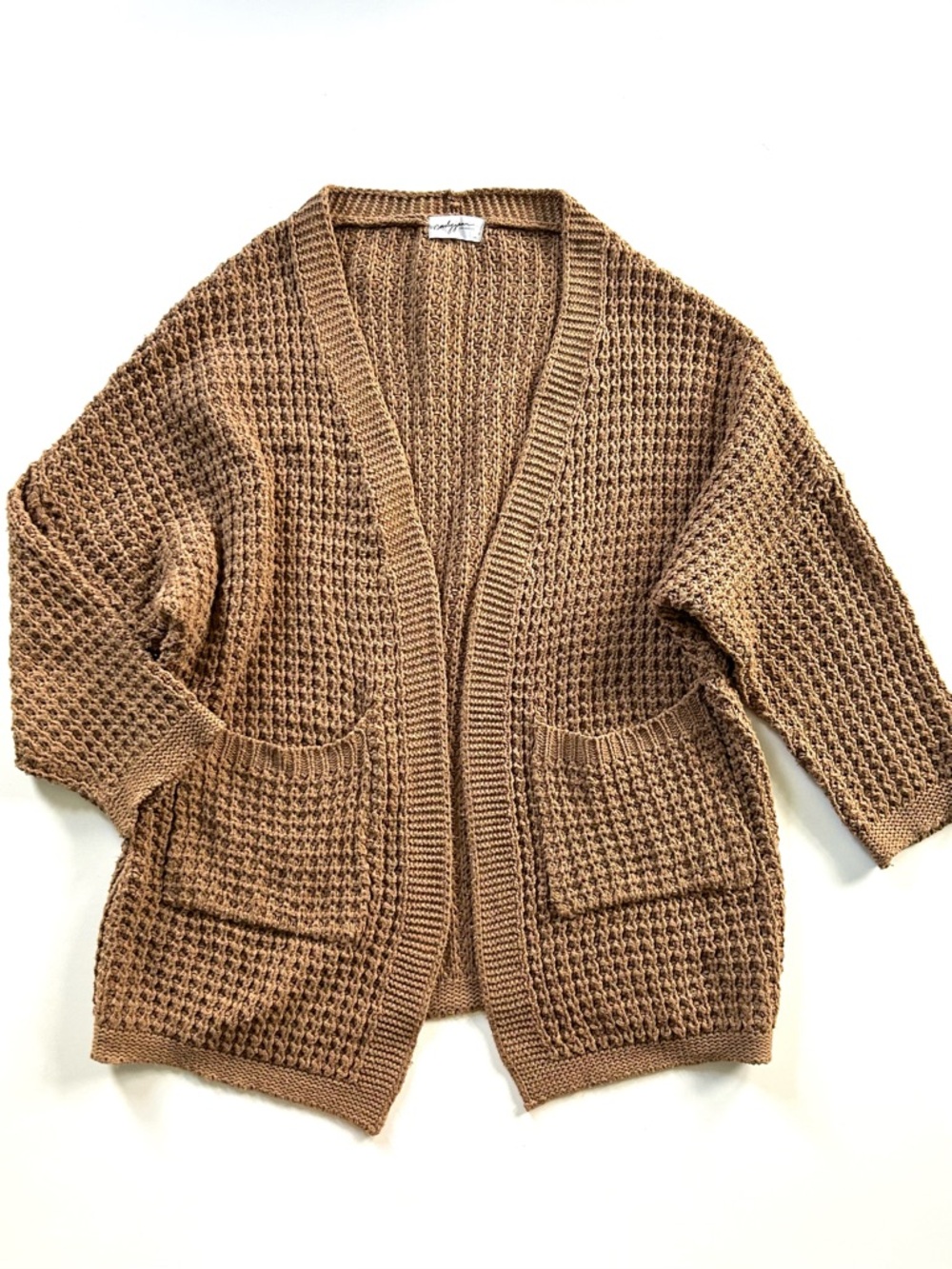 Carly Jean Los Angeles Tan Brown Waffle Knit Oversized Cotton Cardigan Sweater